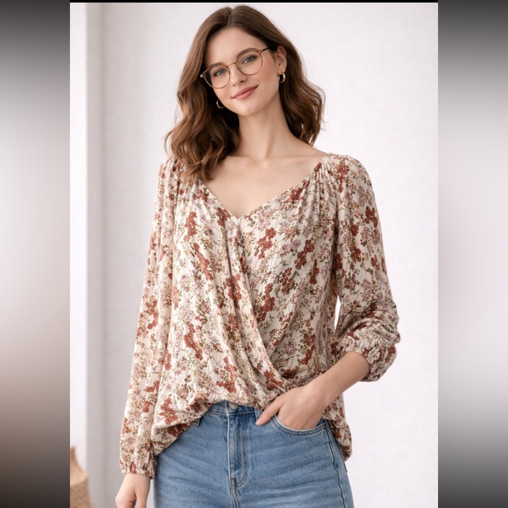 Umgee Red and Cream Floral Whimsy Billowy Cottagecore Blouse‎